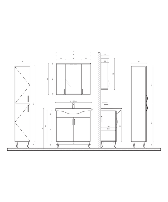 Maattekening ALONI Aleco Wastafel – 80 cm – Wit