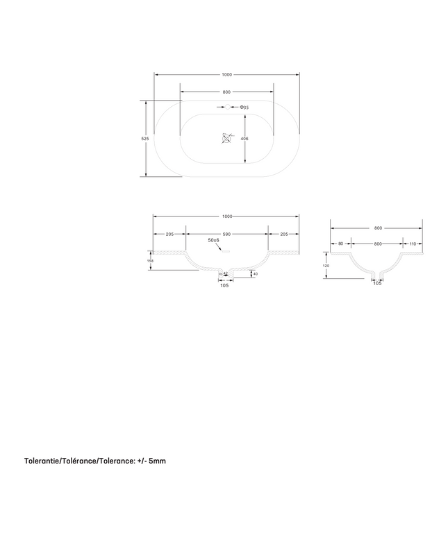 Maattekening Begonia wastafel – 100x1,2x52,5 cm – mat wit – 1 wasbak
