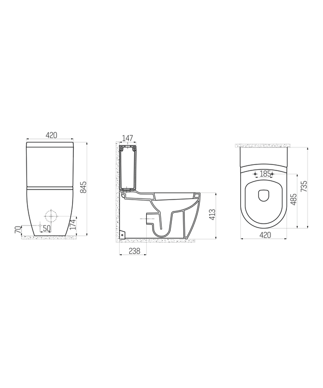 Plan coté Creavit Grande XXL WC à poser – sortie murale/sol – blanc