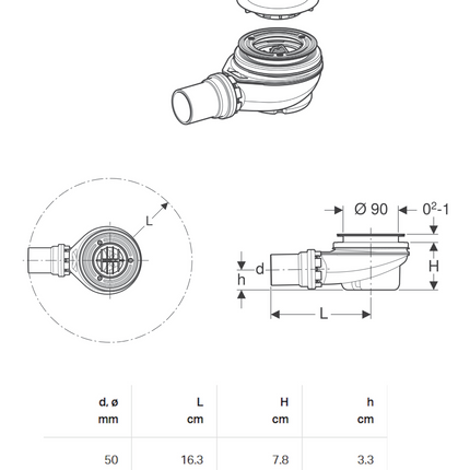 Maattekening GEBERIT Douchebaksifon - D90mm afvoer 50mm - Chroom