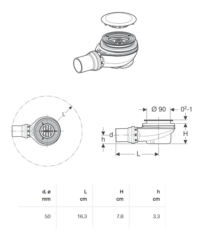 Maattekening GEBERIT Douchebaksifon - D90mm afvoer 50mm - Chroom