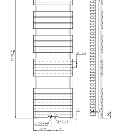 Plan coté radiateur sèche-serviettes BELRAD 1600x500mm Blanc – Raccordement central – 791W