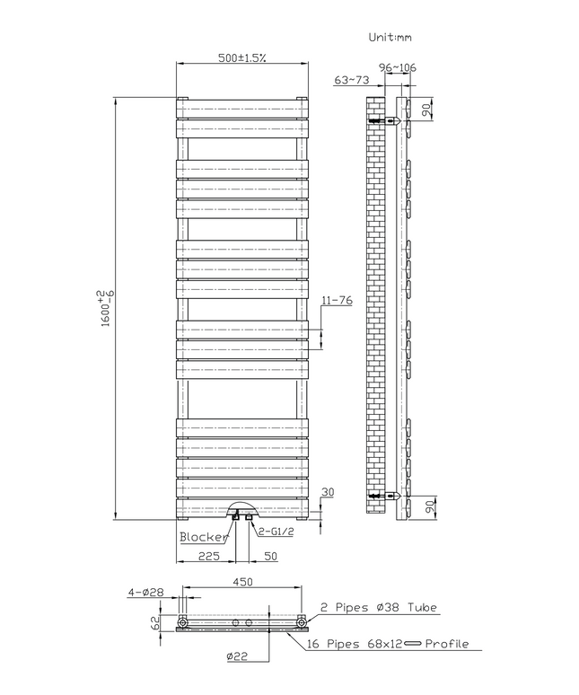 Maattekening BELRAD Badkamer Radiator 1600x500mm Wit – Middenaansluiting – 791W