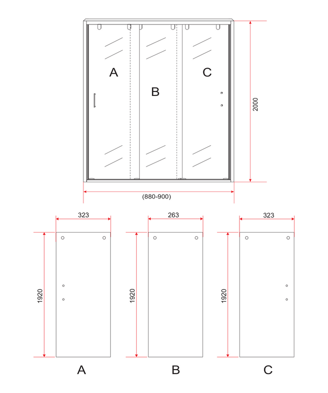 Plan de dimensions ALONI Porte de Niche Coulissante 3 Éléments – 90x200 cm – 8 mm Verre de Sécurité