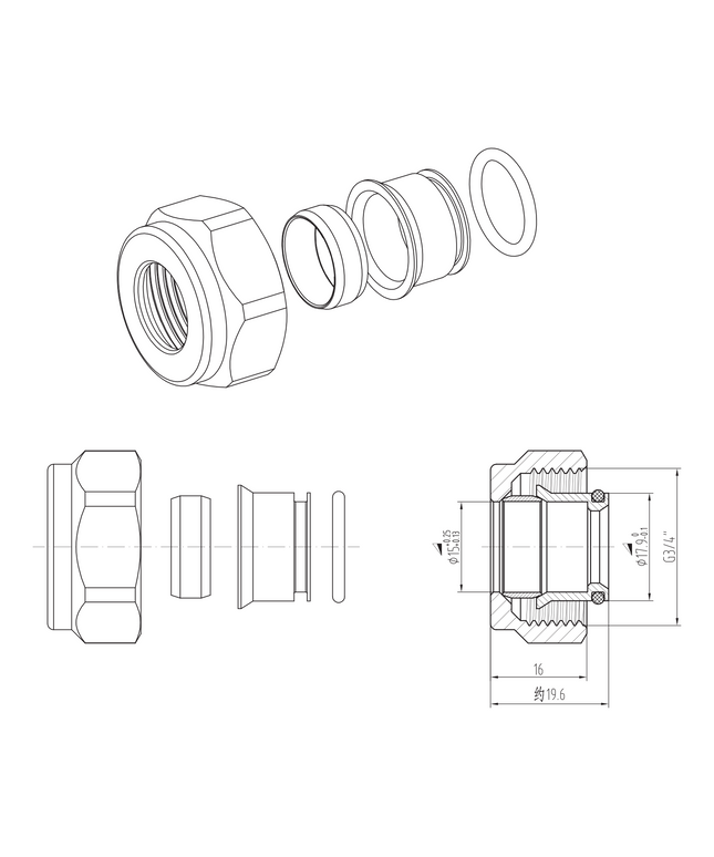 Maattekening BELRAD klemkoppelingen chroom EKX15 – 2 stuks