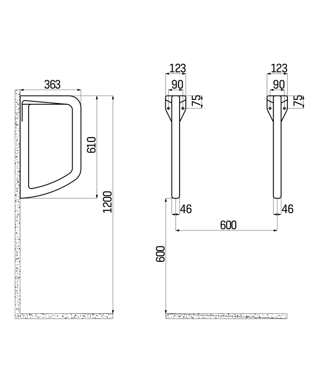 Maattekening Creavit urinoir scheidingswand – wit