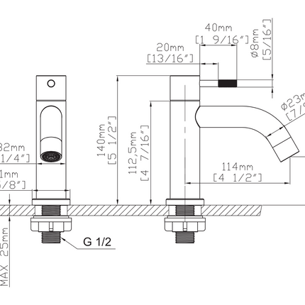 Maattekening STRIA Koudwaterkraan - Hendel met ribbelstructuur - Geborsteld bruin brons