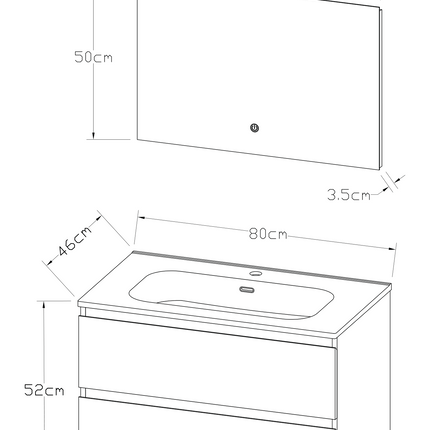 Maattekening ALONI LIVA badkamermeubelset compleet – 80 cm – mat zwart – met wastafel en LED spiegel – softclose