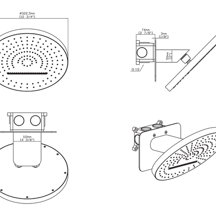 Maattekening UNIFORMA Hoofddouche Tropical Rain XL - 2 standen inbouw - Geborsteld goud