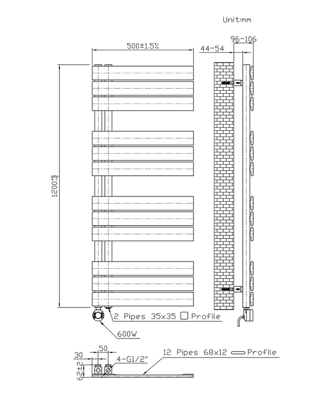 Maattekening BELRAD Badkamer radiator elektrisch 1200x500mm - Mat zwart - Linksaansluiting/Combi - 593W