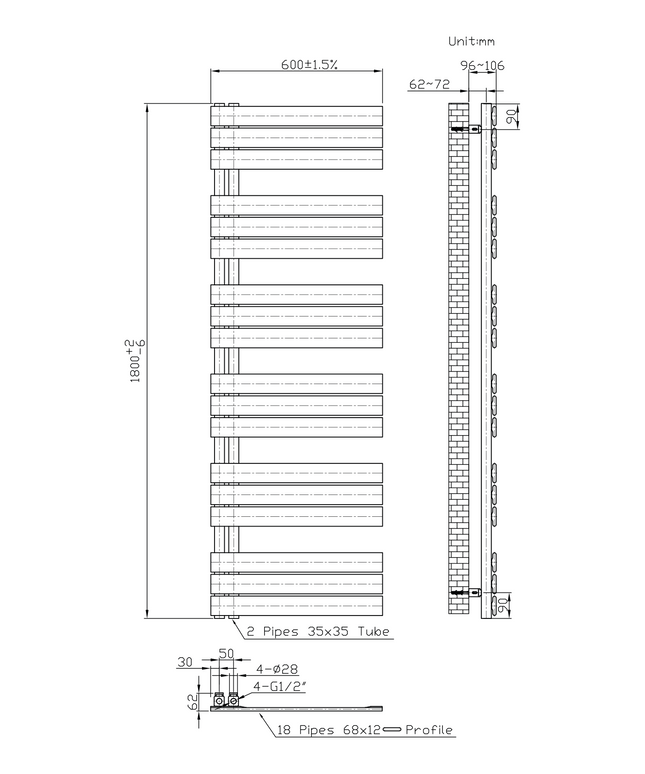 Maattekening BELRAD Badkamer Radiator 1800x600mm Wit – Linkeraansluiting/Combi – 1021W