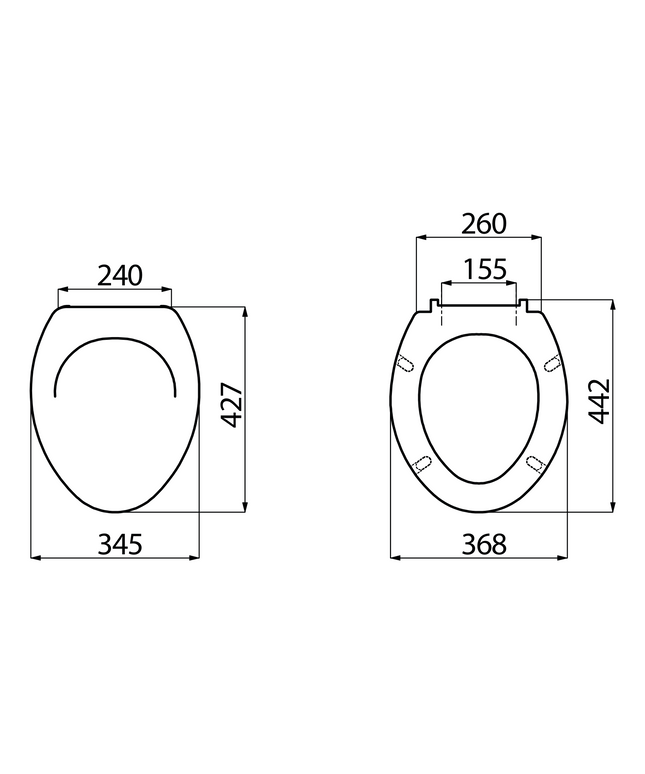 Maattekening Creavit wc-zitting – Duroplast – softclose – inox scharnieren – wit
