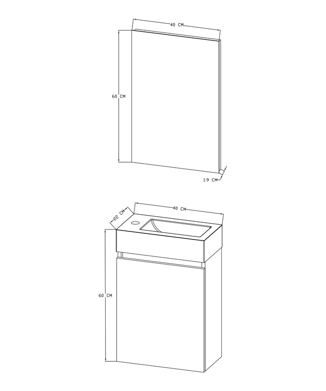 Plan coté meuble WC Aloni Zyro – 40,5x22,5 cm – blanc brillant