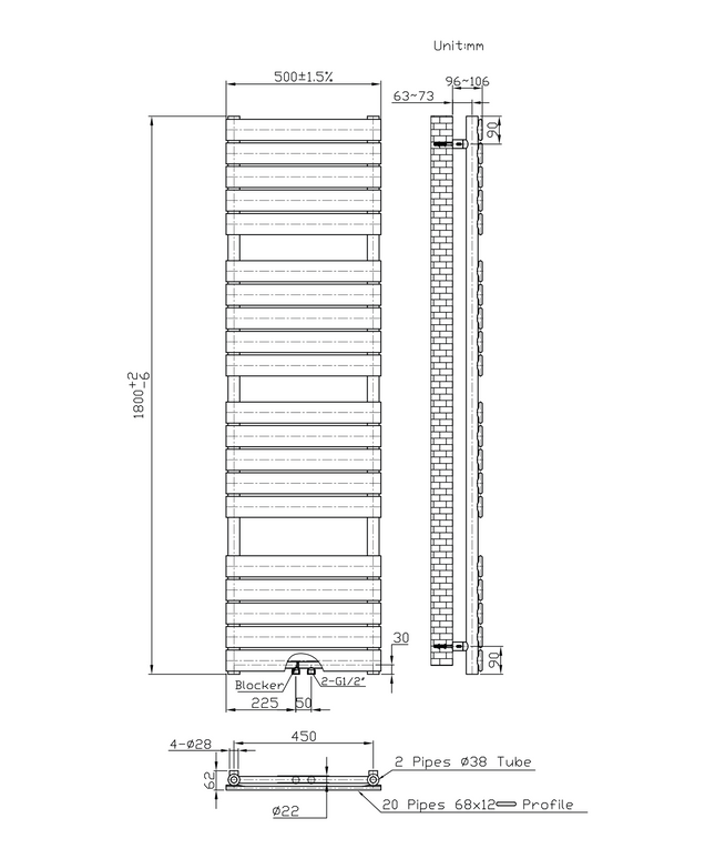 Maattekening BELRAD Badkamer Radiator 1800x500mm Wit – Middenaansluiting – 936W