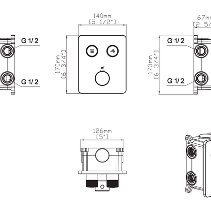 Maattekening STRIA Inbouw Thermostatische Douchemengkraan 2-weg - 170x140mm - Geborsteld bruin brons
