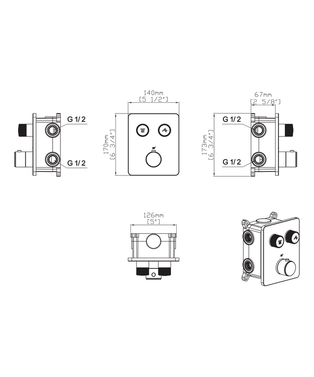 Maattekening STRIA Inbouw Thermostatische Douchemengkraan 2-weg - 170x140mm - Geborsteld bruin brons