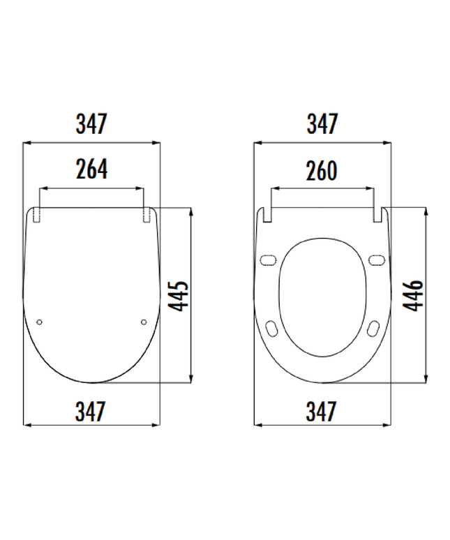 Maattekening Creavit Ness wc-zitting – slim design – softclose – Duroplast – rvs scharnieren – glanzend wit