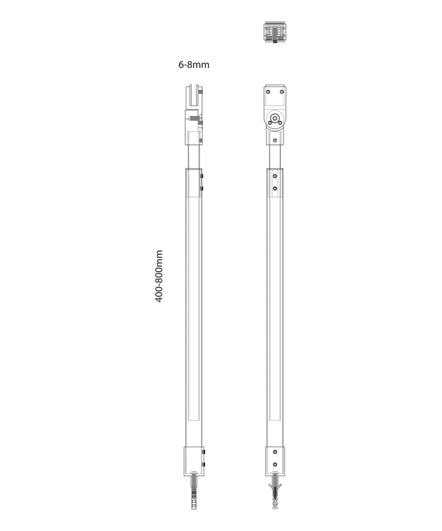 Maattekening Aloni stabilisatiestang plafond – verstelbaar 40–80 cm – Chroom