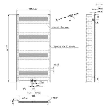 Maattekening BELRAD Badkamer radiator 1200x600mm - Geborsteld Goud - Middenaansluiting - 414W