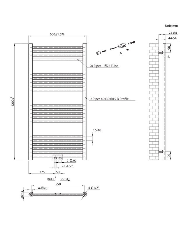 Maattekening BELRAD Badkamer radiator 1200x600mm - Geborsteld Goud - Middenaansluiting - 414W