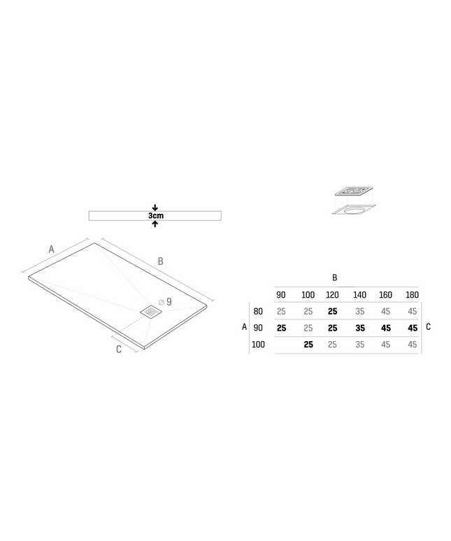 Plan coté receveur de douche ALONI Madison – Composite – Gris mat – 180x90x3 cm
