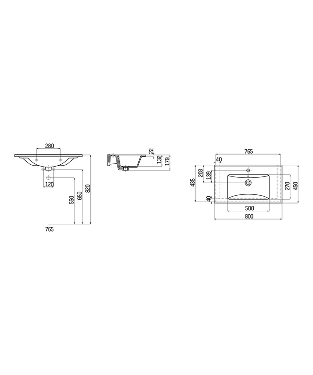 Maattekening CREAVIT Wastafel – 80x45 cm – Wit