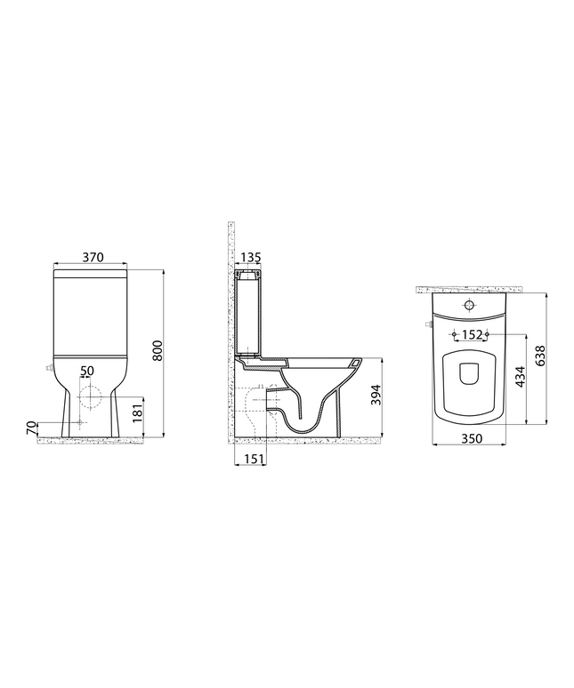 Maattekening Creavit Lara staand toilet / vloertoilet met sproeier (bidet) – koudwaterkraan – wit