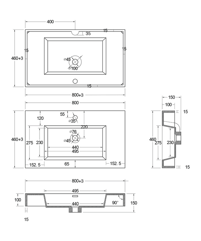 Maattekening ALONI Wastafel – 80x10x46 cm – Kunstmarmer – Glanzend Wit