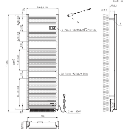 Plan côté BELRAD radiateur sèche-serviettes électrique avec soufflerie – Smart WiFi – thermostat digital – 1850W – 1640x540 mm – blanc brillant