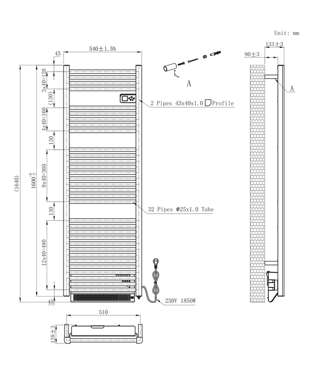 Maattekening BELRAD elektrische handdoekradiator met blower – Smart WiFi – digitale thermostaat – 1850W – 1640x540 mm – glanzend wit