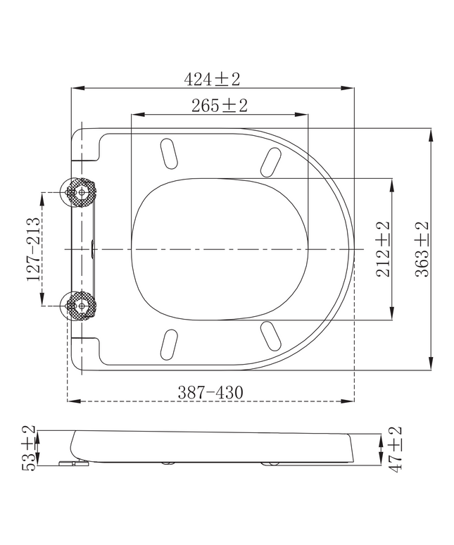 Maattekening Aloni Premium wc-zitting – softclose – quick release – topfix – duroplast – RVS scharnieren – glanzend wit