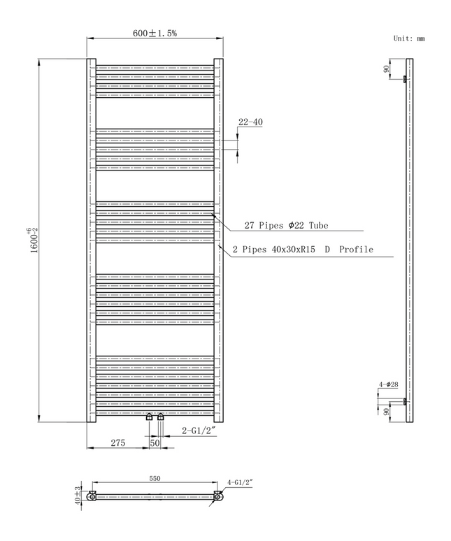 Maattekening BELRAD Badkamer radiator 1600x600mm - Gunmetal Grijs – Middenaansluiting – 557W