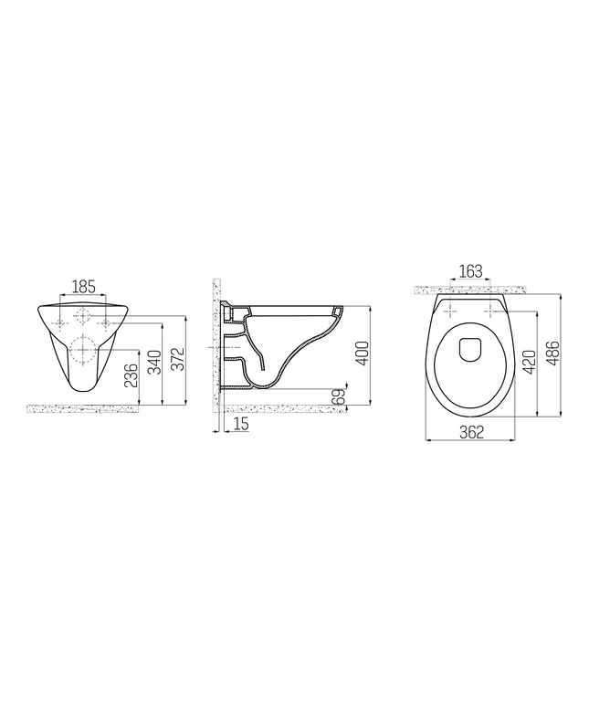 Plan coté Creavit WC suspendu – blanc – avec douchette bidet