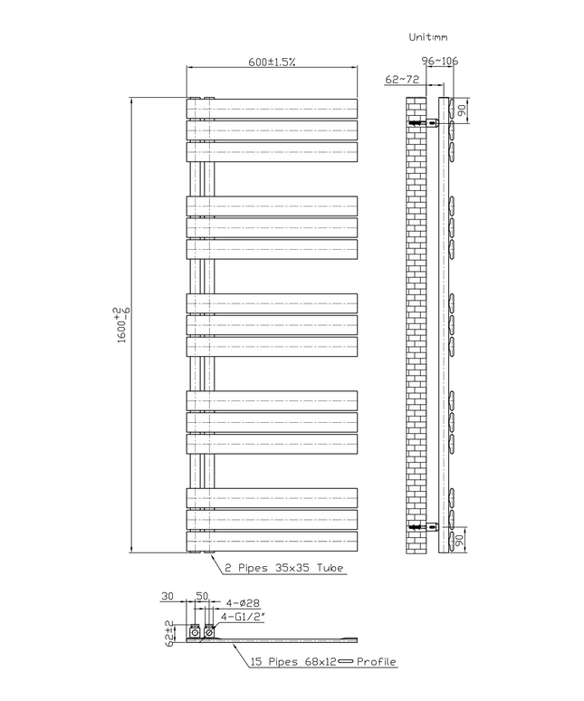 Maattekening BELRAD Badkamer Radiator 1600x600mm Mat Zwart – Linkeraansluiting/Combi – 864W
