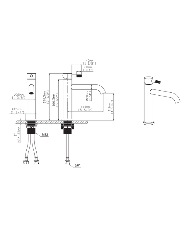 Maattekening STRIA Wastafelmengkraan - Cold Start - Geborsteld bruin brons
