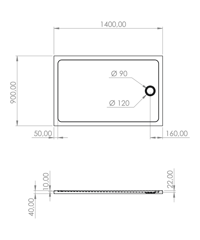 Plan côté receveur de douche rectangulaire acrylique ALONI – 140x90x4 cm
