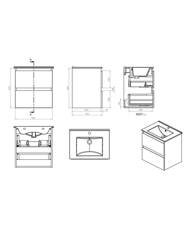 Maattekening ALONI Sally XL Wastafelonderkast - 2 lades softclose greeploos - 56x60cm - Safir