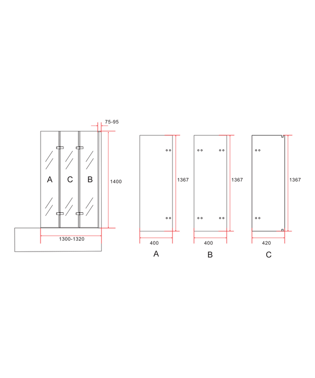 Maattekening ALONI 3-Delige Badwand – Inklapbaar – 6 mm – 130x140 cm