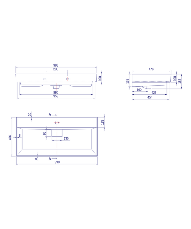Plan coté ALONI Lavabo – 100x48x10 cm – Blanc