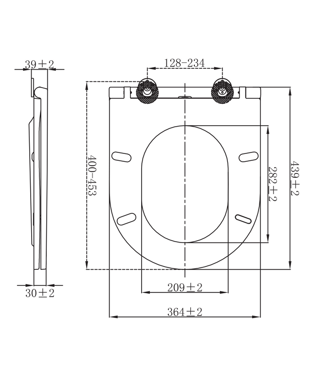 Maattekening Aloni Premium wc-zitting – slim design – softclose – quick release – topfix – duroplast – RVS scharnieren – glanzend wit