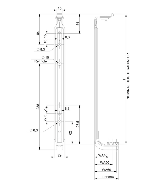 Maattekening BELRAD J-console voor standaard radiator H400 – 2 stuks – Metaal