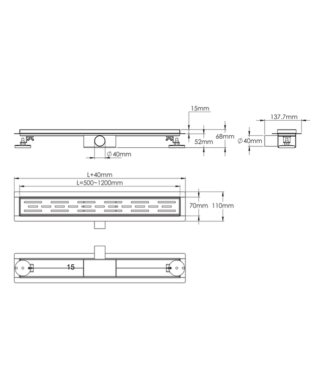 Maattekening ALONI RVS Douchegoot – 60 cm – Roestvrij Staal – Chroom