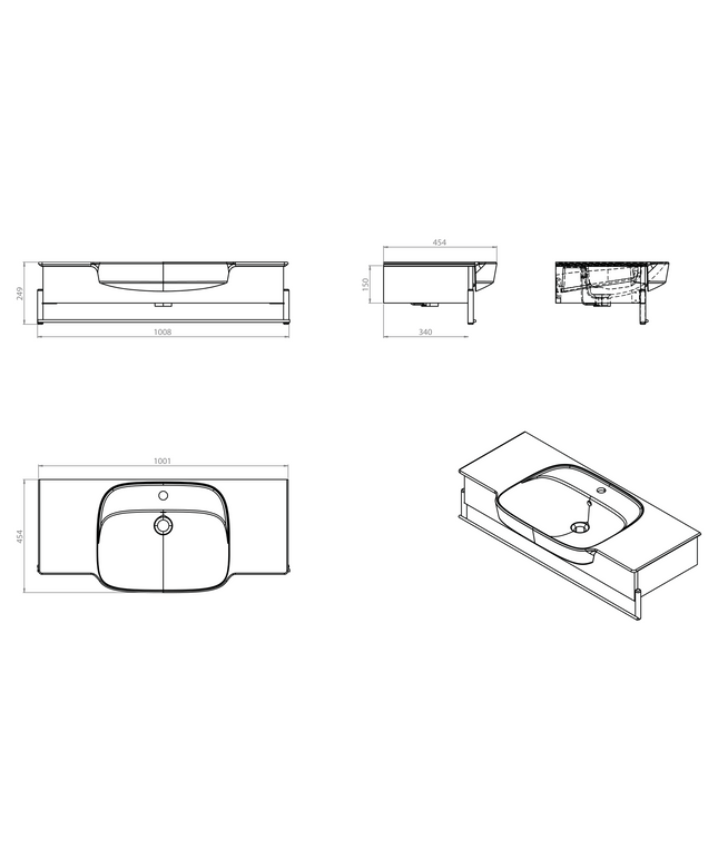 Maattekening CREAVIT Kaya Wastafelframe - 1008x340x150mm - Cabana