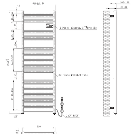 Plan côté BELRAD radiateur sèche-serviettes électrique – Smart WiFi – thermostat digital – 850W – 1600x540 mm – blanc brillant