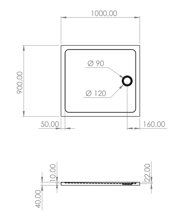 Plan côté receveur de douche rectangulaire acrylique ALONI – 100x90x4 cm