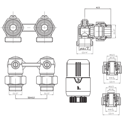 Maattekening BELRAD H-Blok Radiatoraansluitset compleet - met thermostaatknop haaks muuraansluiting M30 1/2Mx16/2 - Glanzend wit