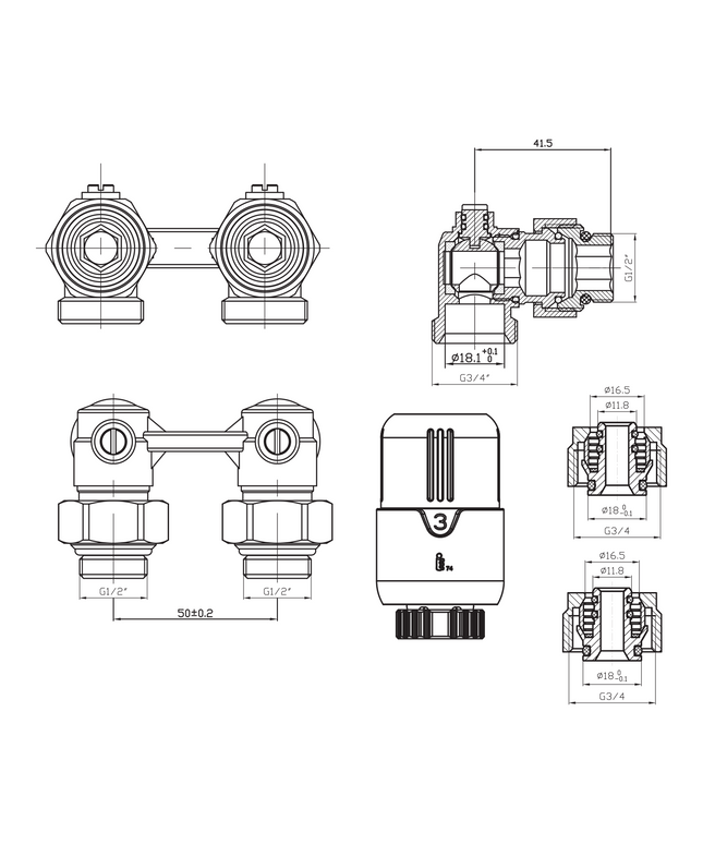 Maattekening BELRAD H-Blok Radiatoraansluitset compleet - met thermostaatknop haaks muuraansluiting M30 1/2Mx16/2 - Glanzend wit