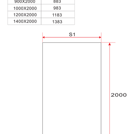 Maattekening ALONI Glaswand inloopdouche - 1000x2000mm - Mat glas
