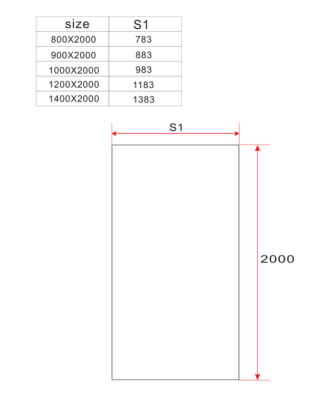 Maattekening ALONI Glaswand inloopdouche - 1000x2000mm - Mat glas