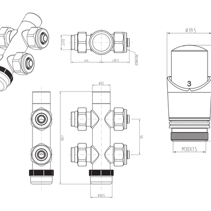Maattekening BELRAD Thermostatische Radiatorkraan – Middenaansluiting – Recht – Wit – M30 x 16/2